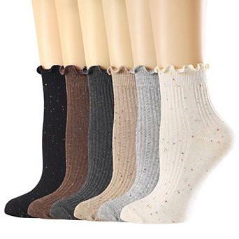 6 Pack Women's Ruffle Cuff Ankle Socks Soft Combed Cotton Casual Wear