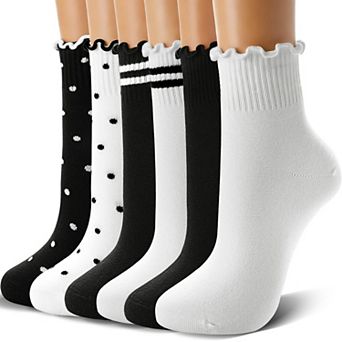 6 Pairs Womens Ruffle Ankle Socks Frilly Lettuce Edge Casual Crew Socks