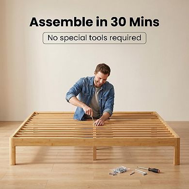 HOMZENE Bed Frame, Solid Wood Platform Bed Frame with Metal Legs,No Box Spring Needed