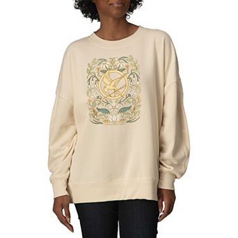 Women's The Hunger Games Mockingjay Pin Floral Oversized Fleece Crew Sweatshirt