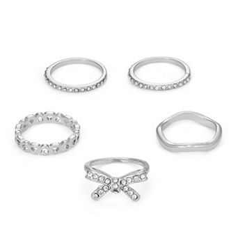 SO® Silver Tone Polished Bow & Hearts 5 pc Ring Set