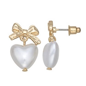 SO® Gold Tone Simulated Pearl Heart Bow Post Earrings