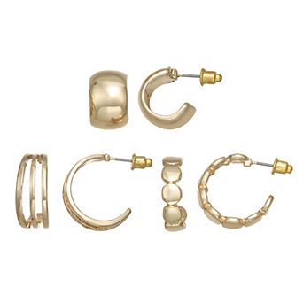SO® Gold Tone Polished 3-Pair Chubby Hoop Earring Set