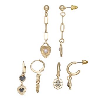 SO® Gold Tone Heart 3-Pair Earring Set