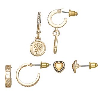 SO® Gold Tone Polished 3-Pair Heart Hoop Earring Set