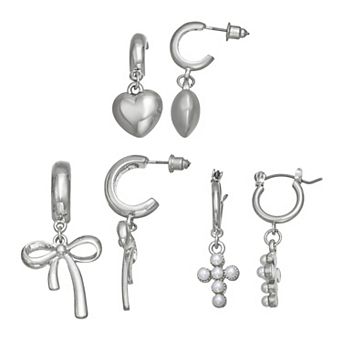 SO® Silver Tone Bow Heart Hoop Earring Set