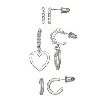 SO® Silver Tone Heart 3-Pair Post Earring Set