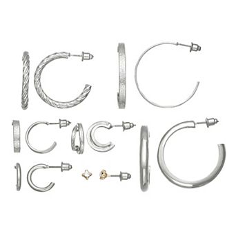 SO® Silver Tone Polished & Textured 2 pc Hoop Earring Set
