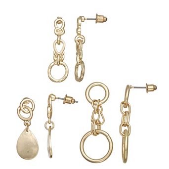 SO® Gold Tone Polished 3-Pair Drop Earring Set