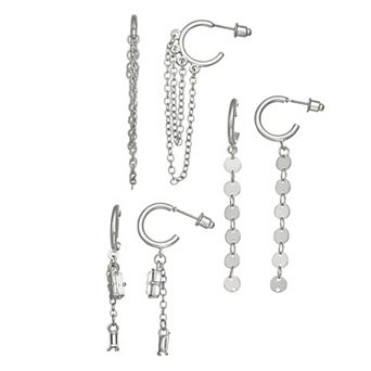 SO® Silver Tone Polished Trio Charms Hoop Earring Set