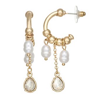 SO® Gold Tone Polished Simulated Pearl Charms Hoop Earrings