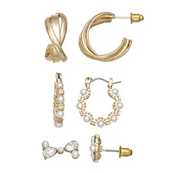 SO® Gold Tone Polished 3-Pair Earring Set