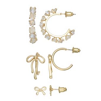SO® Gold Tone Polished 3-Pair Bow Hoop Earring Set