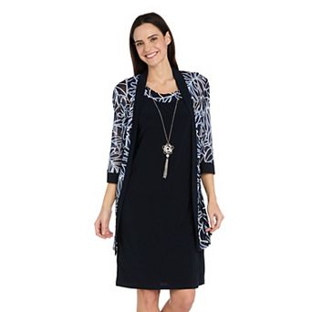 Women's R&M Richards Printed Mesh Jacket & Dress Set with Necklace