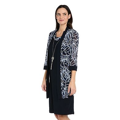 Women's R&M Richards Printed Mesh Jacket & Dress Set with Necklace
