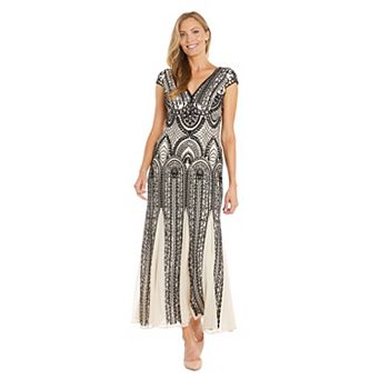 Women's R&M Richards Beaded Two-Tone Sequin Godet Maxi Dress