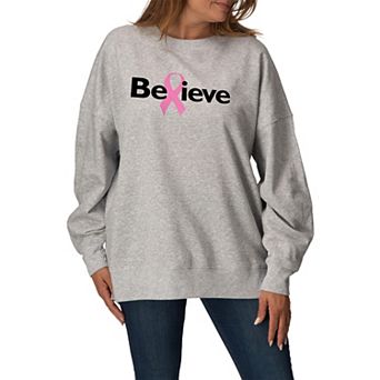 Women's Believe Breast Cancer Ribbon Oversized Fleece Crew Sweatshirt