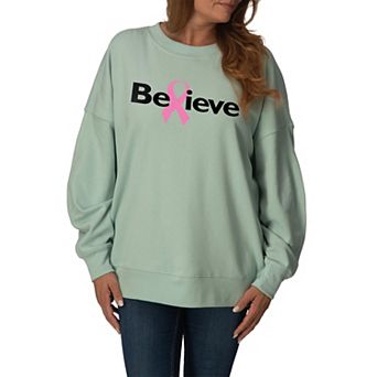 Women's Believe Breast Cancer Ribbon Oversized Fleece Crew Sweatshirt