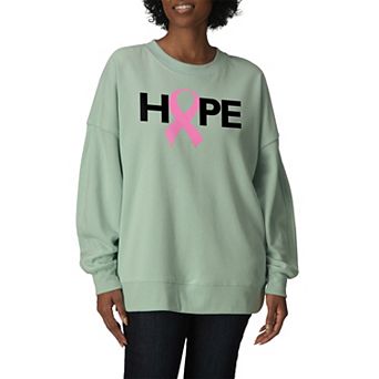 Women's Hope Breast Cancer Ribbon Oversized Fleece Crew Sweatshirt