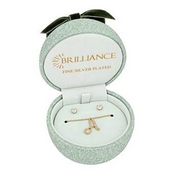 Brilliance Cubic Zirconia Script Initial Pendant Necklace & Stud Earrings Set