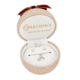 Brilliance Cubic Zirconia Script Initial Pendant Necklace & Stud Earrings Set
