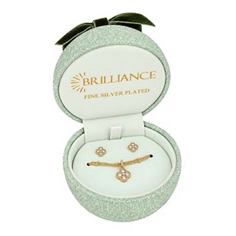 Brilliance 18k Gold Flash Plated Cubic Zirconia Clover Layered Necklace & Stud Earring Set