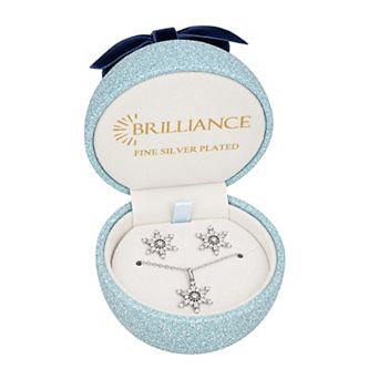 Brilliance Fine Silver Plated Cubic Zirconia Snowflake Pendant Neckalce & Stud Earrings Set