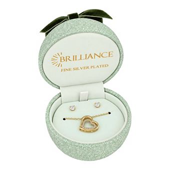 Brilliance 18k Gold Flash Plated Cubic Zirconia Heart Pendant Necklace & Stud Earrings Set