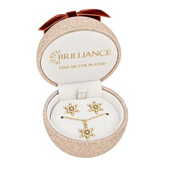 Brilliance 18k Gold Flash Plated Cubic Zirconia Snowflake Pendant Necklace & Earring Set