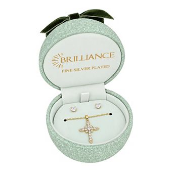 Brilliance Cubic Zirconia Cross Pendant Necklace & Stud Earring Set