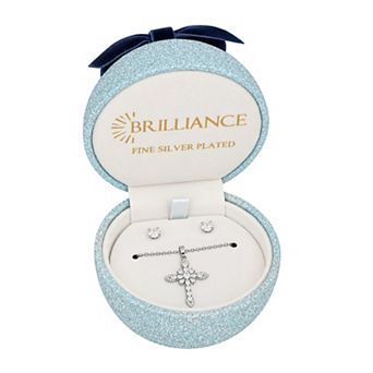 Brilliance Cubic Zirconia Cross Pendant Necklace & Stud Earring Set