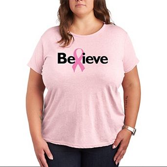 Plus Size Believe Breast Cancer Ribbon Graphic Tee