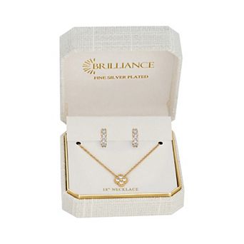 Brilliance Oval Bezel Set Cubic Zirconia Hoop Earrings And Cubic Zirconia Clover Necklace Set