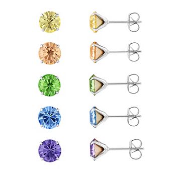 Brilliance Fine Silver Plated Multi-Color Crystal 5-Pair Stud Earring Set
