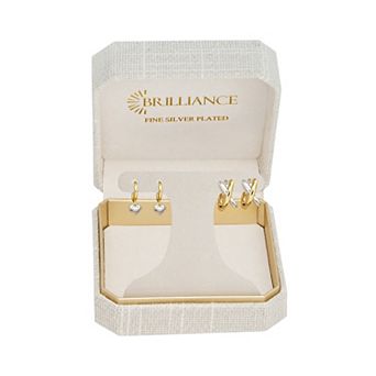 Brilliance 18k Gold Flash Plated & Fine Silver Polished Hoop & Heart Drop Earrings Set