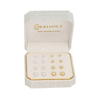 Brilliance 18k Gold Flash Plated & Fine Silver Plated 8-Pair Polished Ball Stud Earrings Set