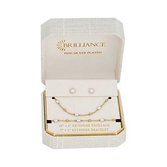 Brilliance 18k Gold Flash Plated Simulated Pearl & Cubic Zirconia Neckalce, Bracelet, & Earring Set