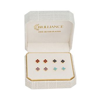 Brilliance 18k Gold Flash Plated Cubic Zirconia Clover 4-Pair Earrings Set