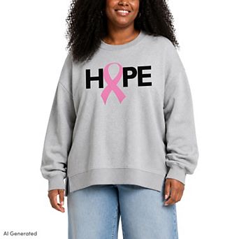 Plus Size Hope Breast Cancer Ribbon Oversized Fleece Crew Sweatshirt