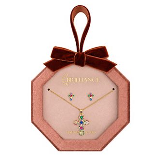 Brilliance 18k Gold Flash Plated Pave Multi-Gemstone Cross Pendant Necklace & Stud Earrings Set