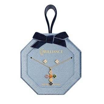 Brilliance 18k Gold Flash Plated Cubic Zirconia & Nano Stone Cross Pendant Necklace & Stud Earring Set