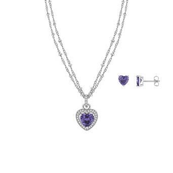 Brilliance Fine Silver Plated Cubic Zirconia Heart & Round Pave Pendant Double Layer Necklace & Stud Earrings Set