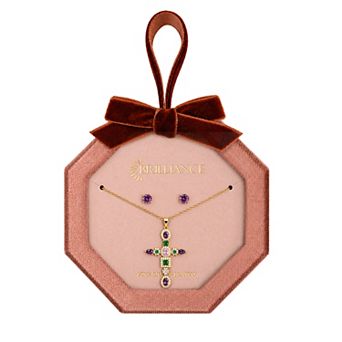 Brilliance 18k Gold Flash Plated Multi Color Cubic Zirconia Pave Pendant Necklace & Stud Earrings Set