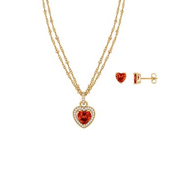 Brilliance 18k Gold Flash Plated Cubic Zirconia Heart & Round Pendant Necklace & Stud Earring Set