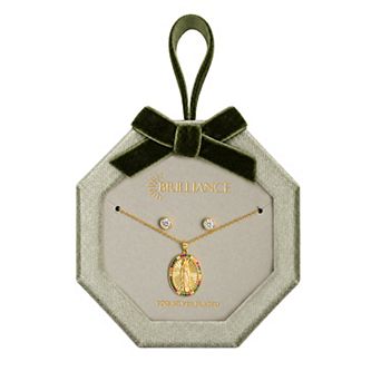 Brilliance 18k Gold Flash Plated Cubic Zirconia Mary Pendant Necklace & Stud Earring Set