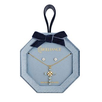 Brilliance 18k Gold Flash Plated Cubic Zirconia Cross Pendant Necklace & Stud Earring Set