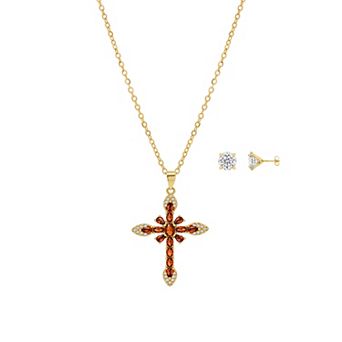 Brilliance 18k Gold Flash Plated Garnet Cubic Zirconia Pave Cross Pendant Necklace & Stud Earrings Set