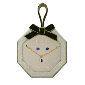 Brilliance 18k Gold Flash Plated Baguette & Round Cubic Zirconia Pendant Double Layer Chain Necklace & Stud Earrings Set