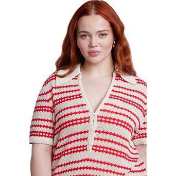 ELOQUII Women's Plus Size Pointelle Stripe Boxy Sweater Top