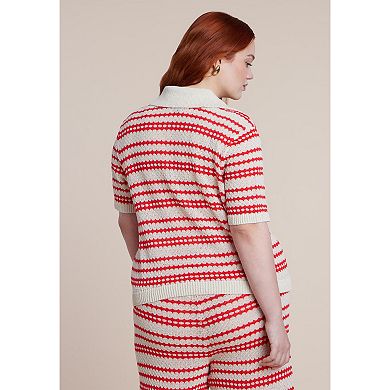ELOQUII Women's Plus Size Pointelle Stripe Boxy Sweater Top